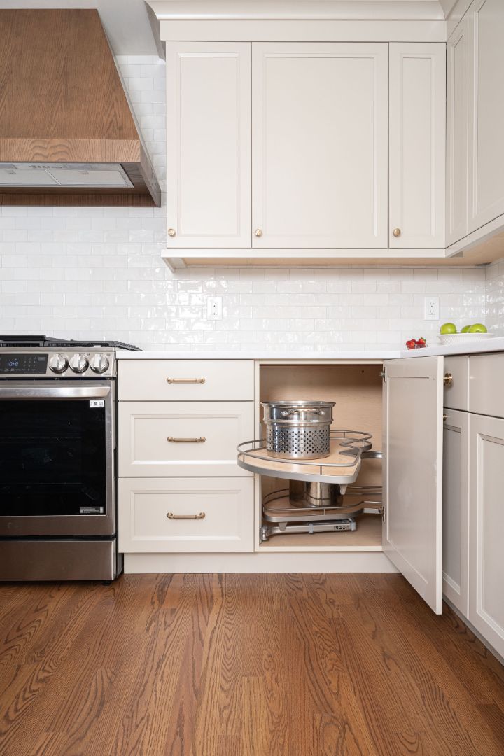 Custom corner cabinet with slide-out storage solution in Fairfield, NJ kitchen by G&L and Sons Renovations