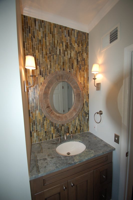 Custom bathroom vanity with rustic mirror and vertical tile feature wall by G&L and Sons Renovations, Caldwell, NJ