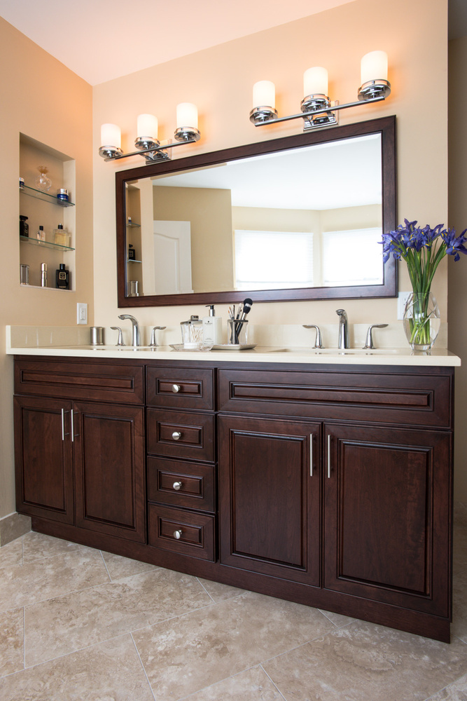 Luxury double vanity with framed mirror and chrome fixtures by G&L and Sons Renovations in Caldwell, NJ