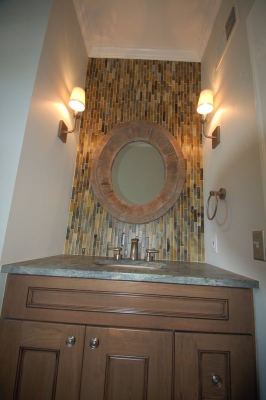 Powder room with stone vanity and decorative tile wall by G&L and Sons Renovations, Caldwell, NJ