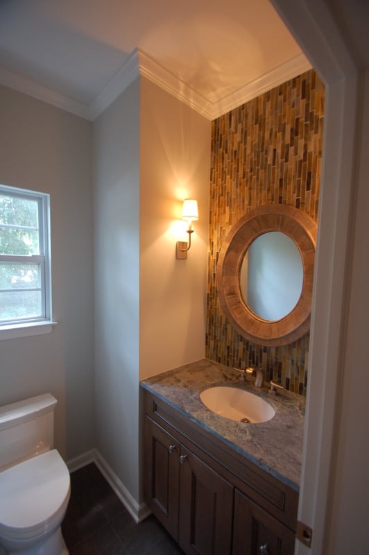 Small bathroom remodel with accent lighting and round mirror by G&L and Sons Renovations, Caldwell, NJ