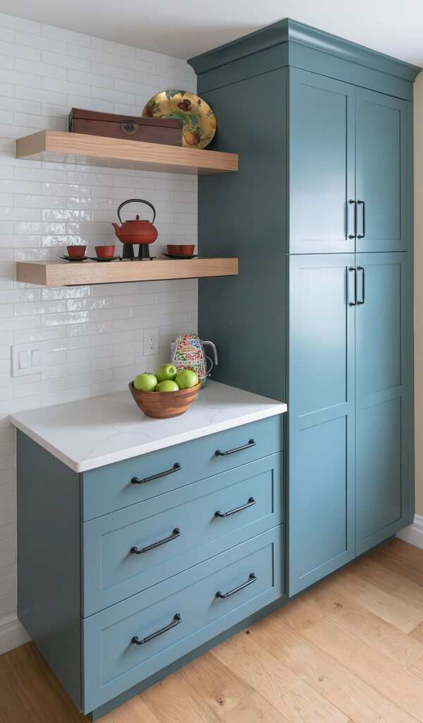 Blue-green kitchen cabinets with black hardware beside floating wood shelves and a white subway tile backsplash.