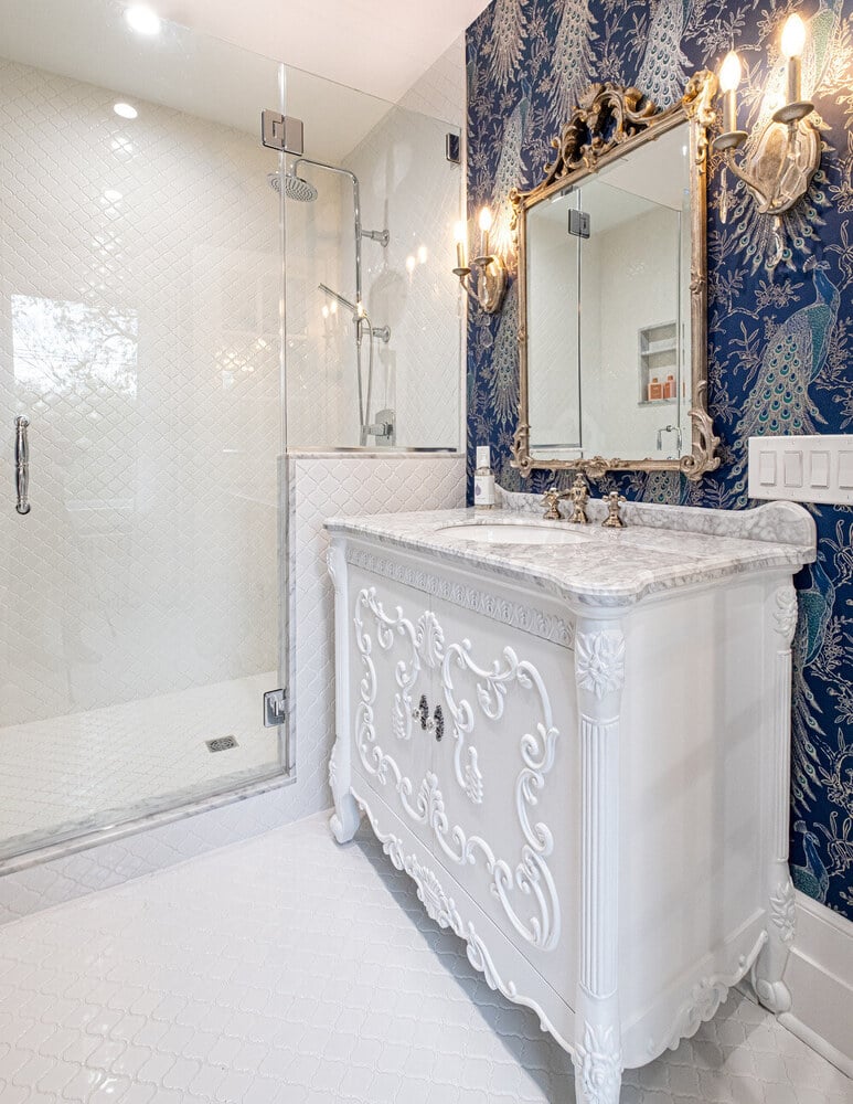 New Jersey bathroom with ornate sink vanity and patterned wallpaper