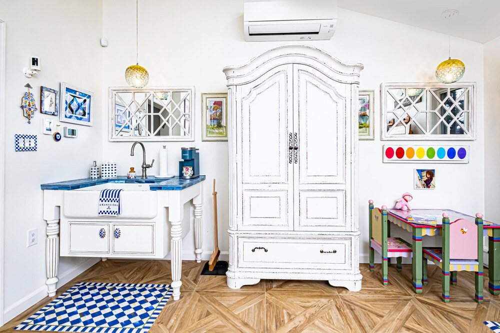 Art studio home addition with sink and craft corner in New Jersey